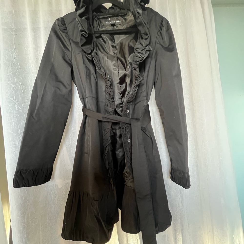 Black Trench Coat with Ruffles and Waist Wrap